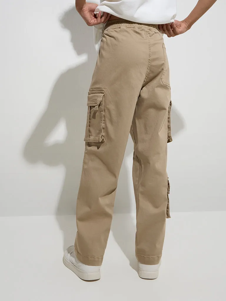 Nuon Taupe Cargo-Style Relaxed-Fit Mid-Rise Cotton Pants