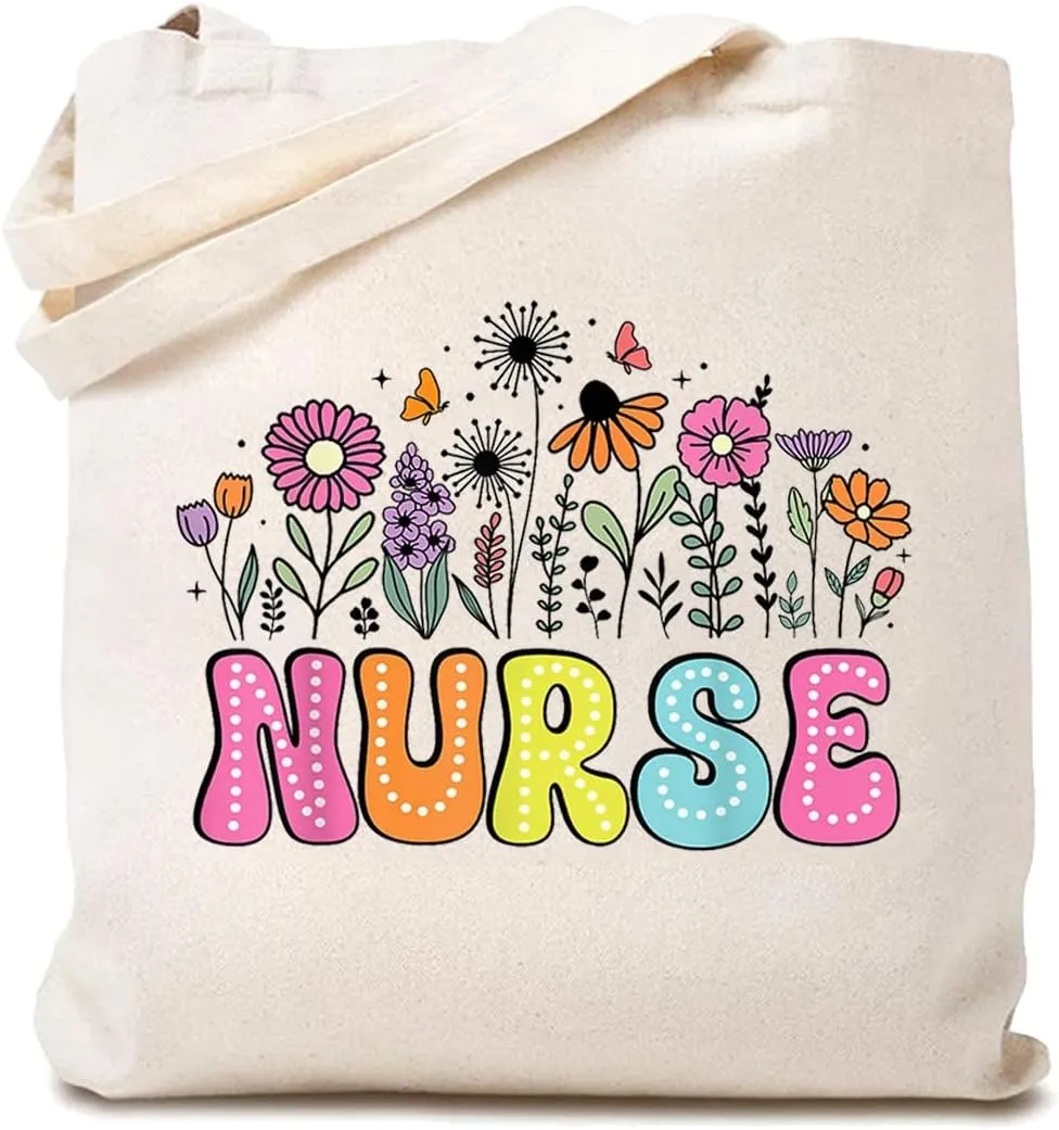 Nurse Life Canvas Tote Bag for Women Reusable Shopping Bags Floral Aesthetic Grocery Bag for Work Nurse Week Gift