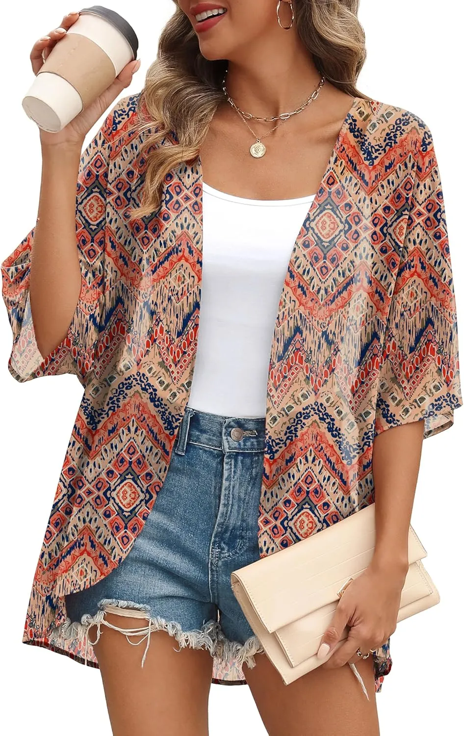 OFEEFAN Beach Cover Ups for Women 3/4 Length Sleeve Womens Tops Summer Cardigan Casual Blouses Loose Fit