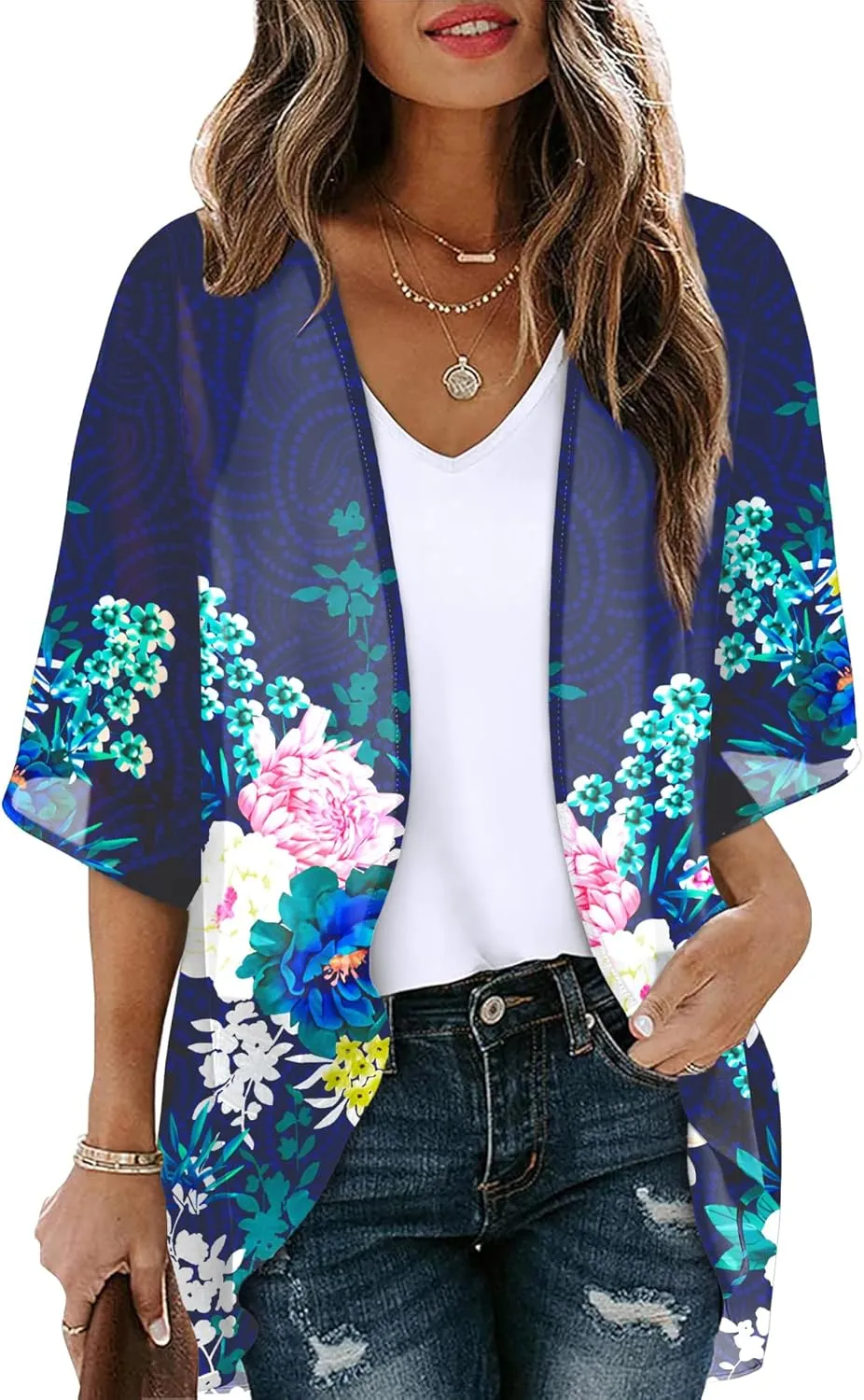 OFEEFAN Beach Cover Ups for Women 3/4 Length Sleeve Womens Tops Summer Cardigan Casual Blouses Loose Fit