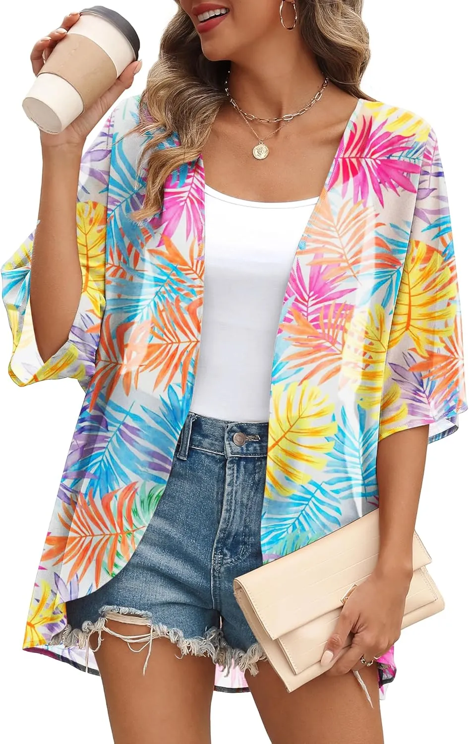 OFEEFAN Beach Cover Ups for Women 3/4 Length Sleeve Womens Tops Summer Cardigan Casual Blouses Loose Fit