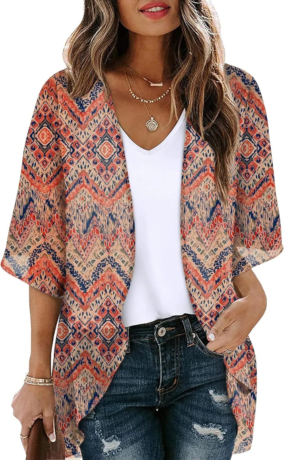 OFEEFAN Beach Cover Ups for Women 3/4 Length Sleeve Womens Tops Summer Cardigan Casual Blouses Loose Fit