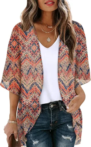 OFEEFAN Beach Cover Ups for Women 3/4 Length Sleeve Womens Tops Summer Cardigan Casual Blouses Loose Fit