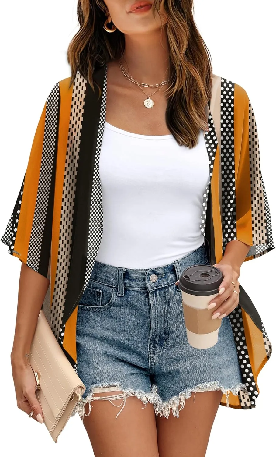 OFEEFAN Beach Cover Ups for Women 3/4 Length Sleeve Womens Tops Summer Cardigan Casual Blouses Loose Fit