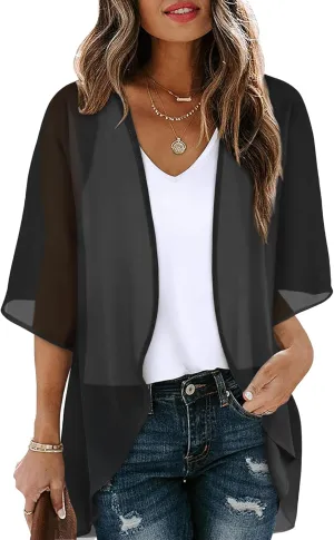 OFEEFAN Beach Cover Ups for Women 3/4 Length Sleeve Womens Tops Summer Cardigan Casual Blouses Loose Fit