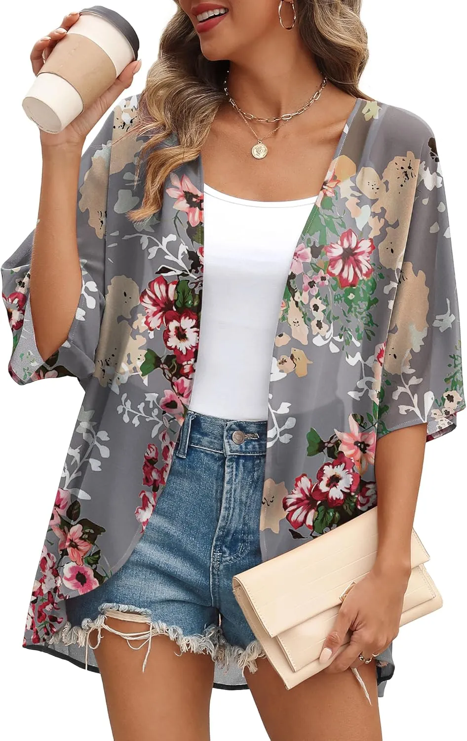 OFEEFAN Beach Cover Ups for Women 3/4 Length Sleeve Womens Tops Summer Cardigan Casual Blouses Loose Fit
