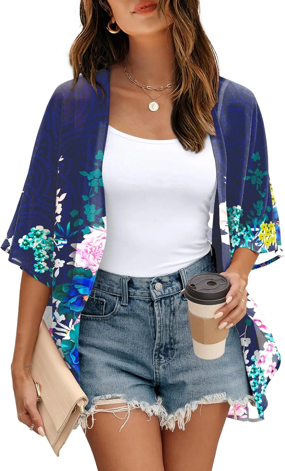 OFEEFAN Beach Cover Ups for Women 3/4 Length Sleeve Womens Tops Summer Cardigan Casual Blouses Loose Fit