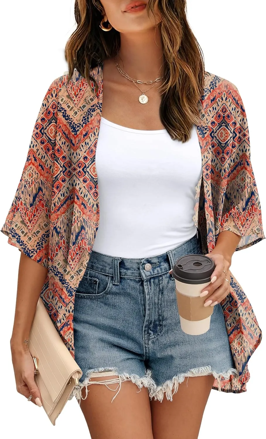 OFEEFAN Beach Cover Ups for Women 3/4 Length Sleeve Womens Tops Summer Cardigan Casual Blouses Loose Fit