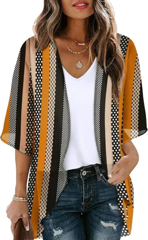 OFEEFAN Beach Cover Ups for Women 3/4 Length Sleeve Womens Tops Summer Cardigan Casual Blouses Loose Fit