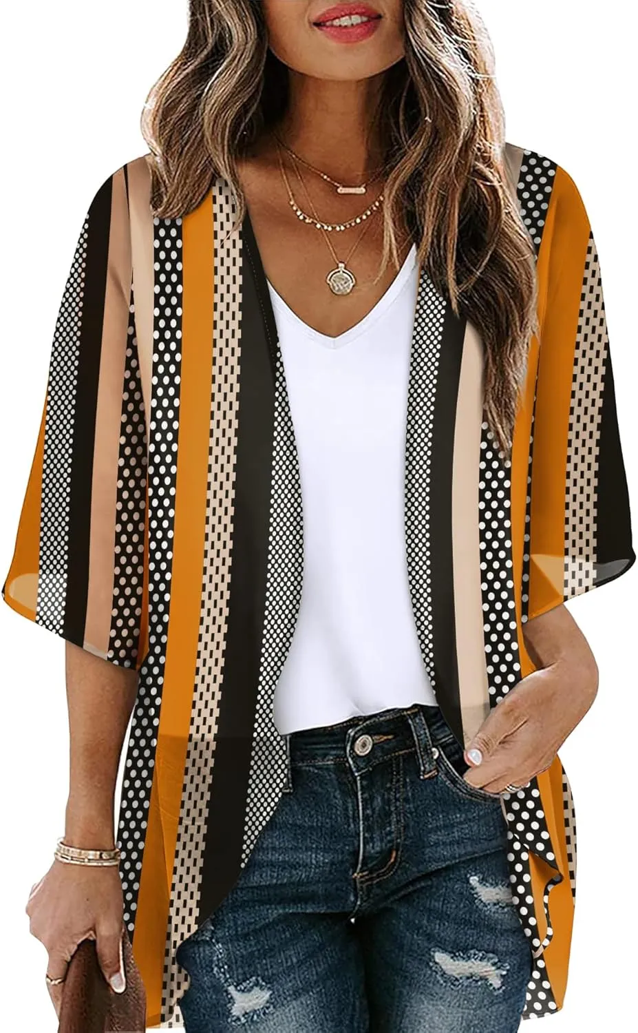 OFEEFAN Beach Cover Ups for Women 3/4 Length Sleeve Womens Tops Summer Cardigan Casual Blouses Loose Fit
