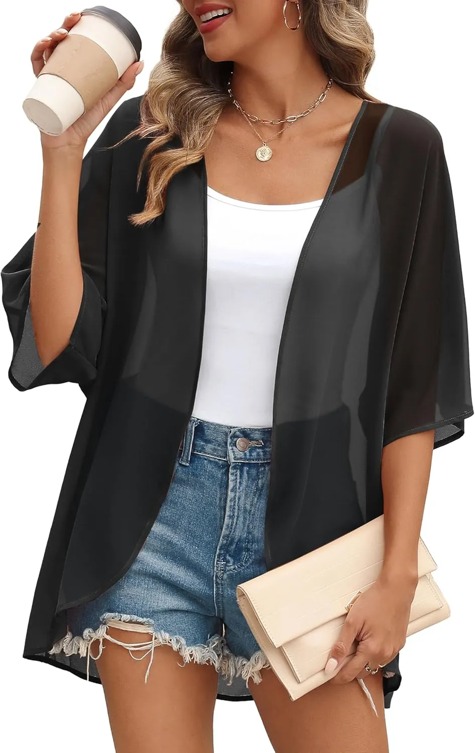 OFEEFAN Beach Cover Ups for Women 3/4 Length Sleeve Womens Tops Summer Cardigan Casual Blouses Loose Fit