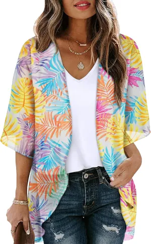 OFEEFAN Beach Cover Ups for Women 3/4 Length Sleeve Womens Tops Summer Cardigan Casual Blouses Loose Fit
