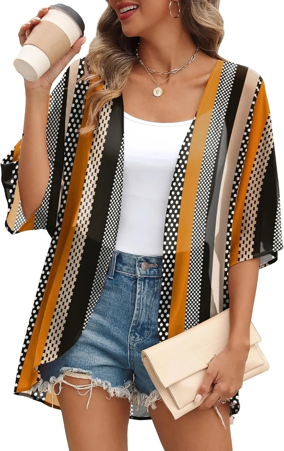 OFEEFAN Beach Cover Ups for Women 3/4 Length Sleeve Womens Tops Summer Cardigan Casual Blouses Loose Fit