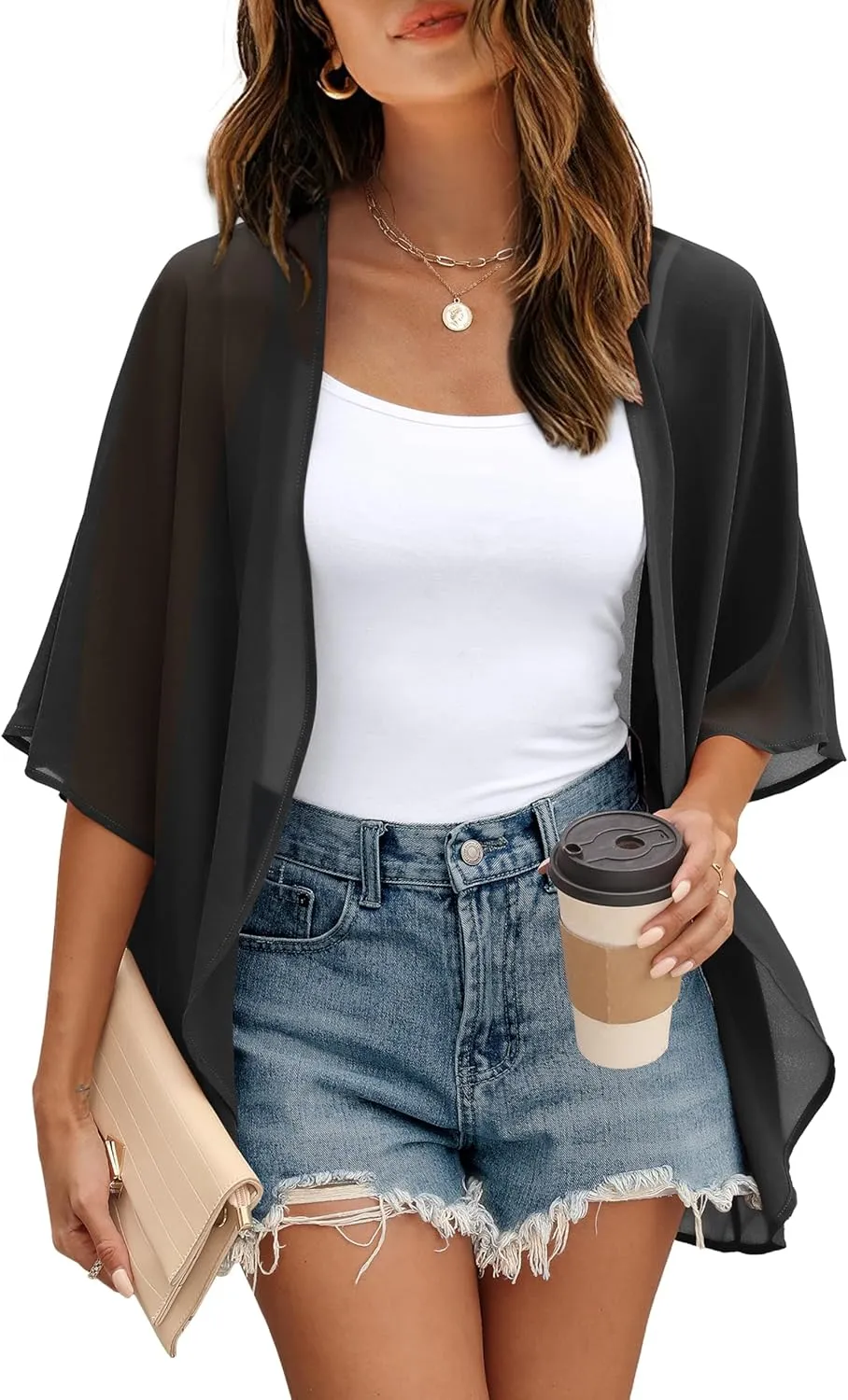 OFEEFAN Beach Cover Ups for Women 3/4 Length Sleeve Womens Tops Summer Cardigan Casual Blouses Loose Fit