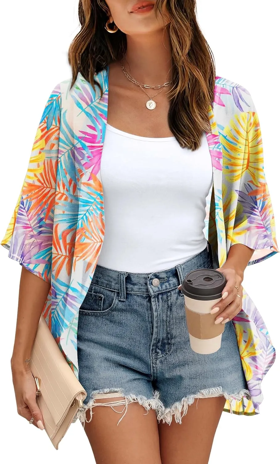 OFEEFAN Beach Cover Ups for Women 3/4 Length Sleeve Womens Tops Summer Cardigan Casual Blouses Loose Fit