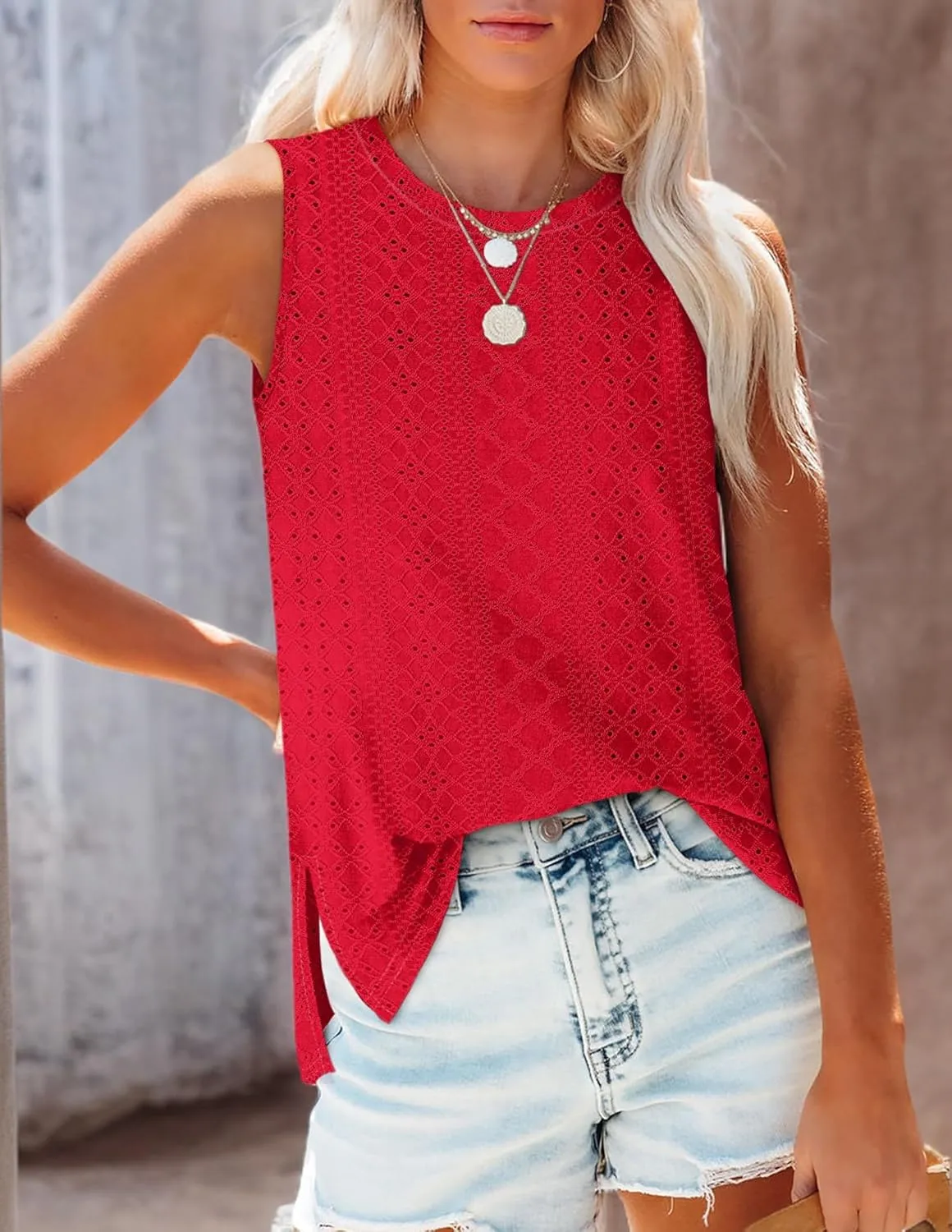 OFEEFAN Womens Tank Tops High Neck Summer Tops Eyelet Sleeveless Shirts Loose Fit 2025