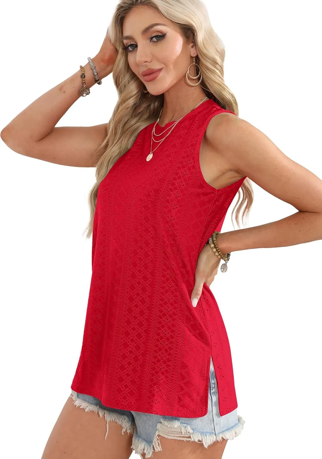 OFEEFAN Womens Tank Tops High Neck Summer Tops Eyelet Sleeveless Shirts Loose Fit 2025