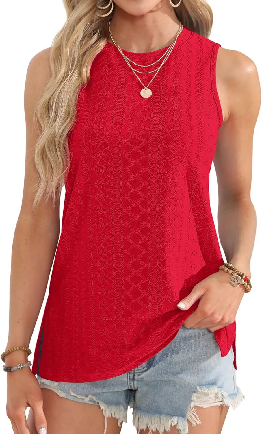 OFEEFAN Womens Tank Tops High Neck Summer Tops Eyelet Sleeveless Shirts Loose Fit 2025