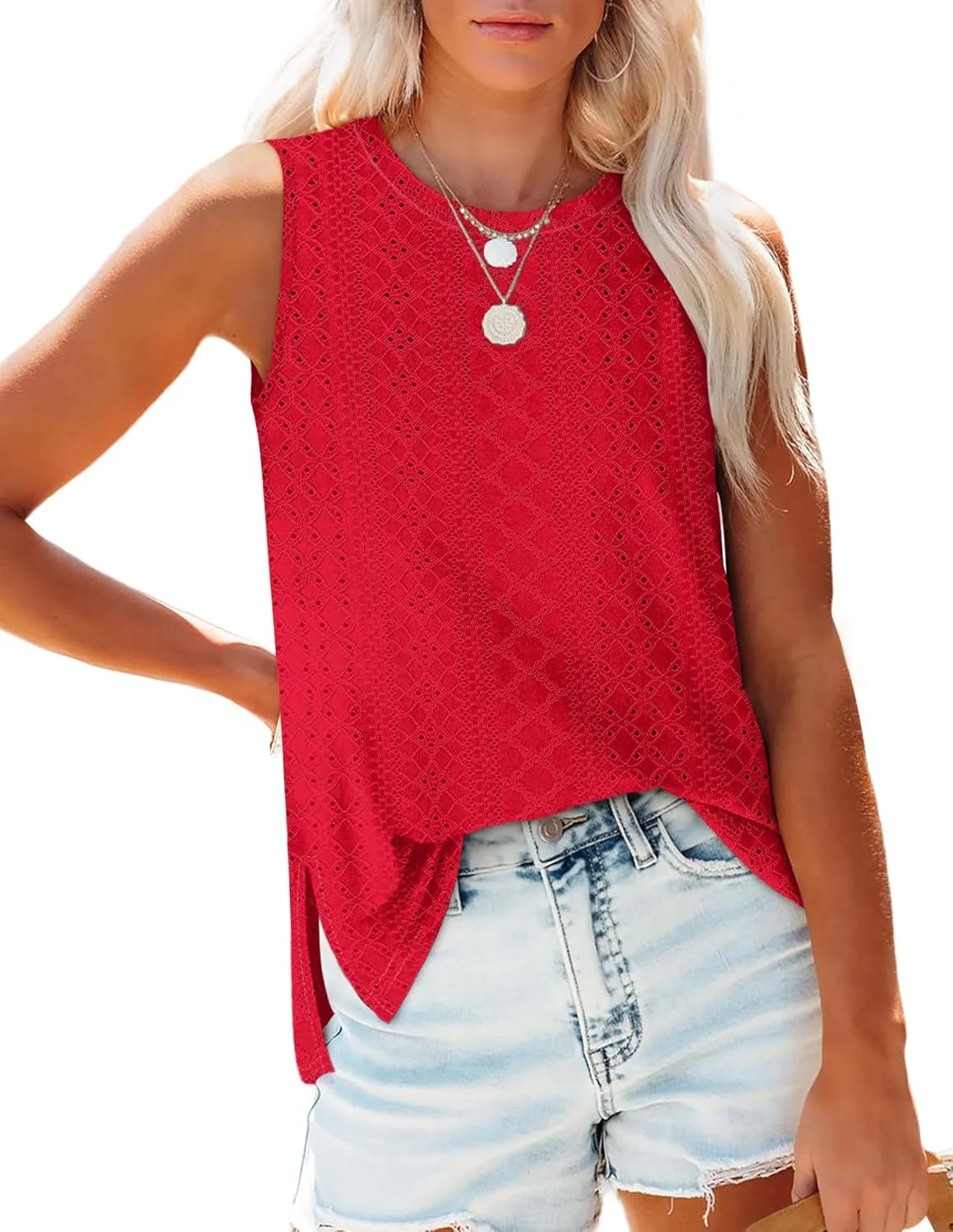 OFEEFAN Womens Tank Tops High Neck Summer Tops Eyelet Sleeveless Shirts Loose Fit 2025