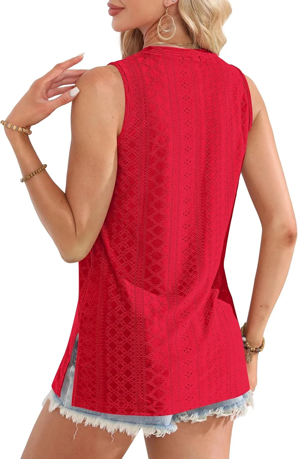OFEEFAN Womens Tank Tops High Neck Summer Tops Eyelet Sleeveless Shirts Loose Fit 2025