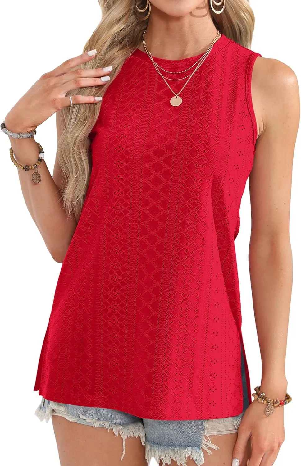 OFEEFAN Womens Tank Tops High Neck Summer Tops Eyelet Sleeveless Shirts Loose Fit 2025