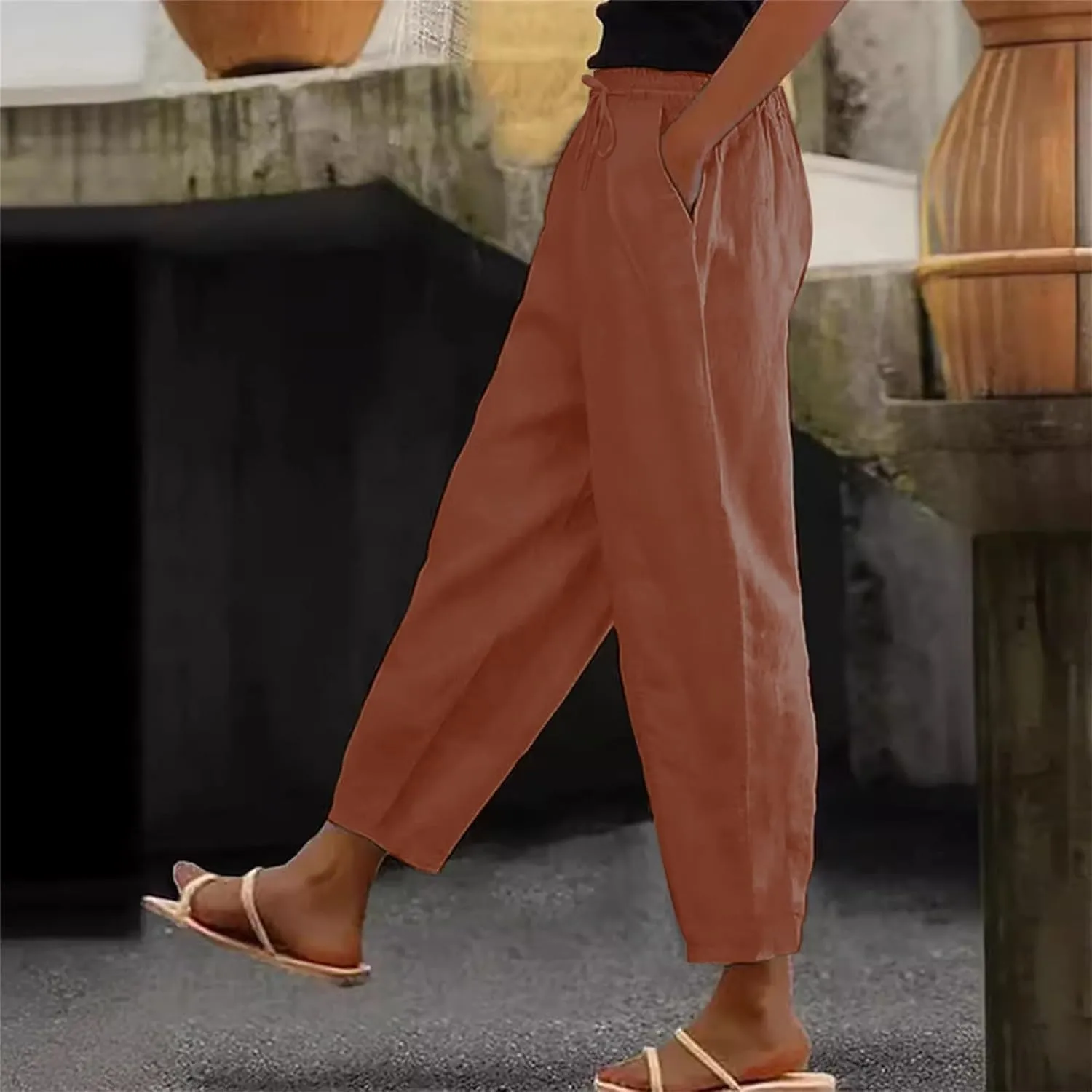 Office Attire for Women 2025 Linen Wide Leg Casual Loose Drawstring Low Waist Beach Palazzo Harem Pants with Pockets