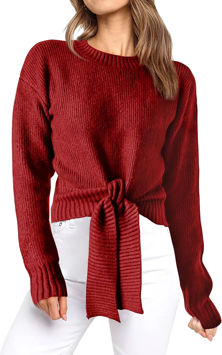 Okiwam Women's Long Sleeve Cropped Knit Sweater Tie Front Crew Neck Solid Color Ribbed Pullover 2025 Casual Tops Jumper