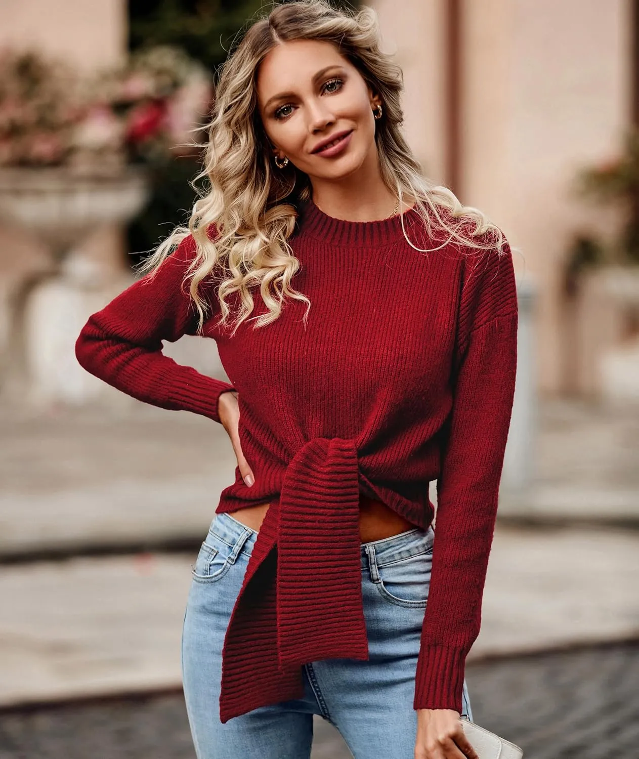Okiwam Women's Long Sleeve Cropped Knit Sweater Tie Front Crew Neck Solid Color Ribbed Pullover 2025 Casual Tops Jumper