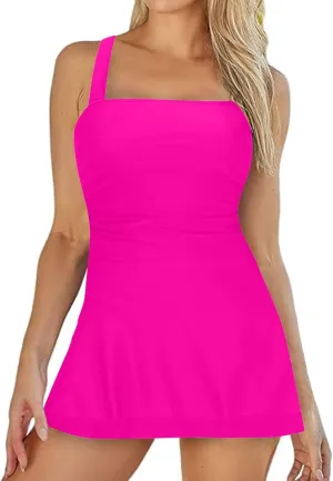 One Piece Swimsuit Women Tummy Control Bathing Suit A-Line Skirt Swim Dress Solid Color Athletic Vintage Modest Swimwear