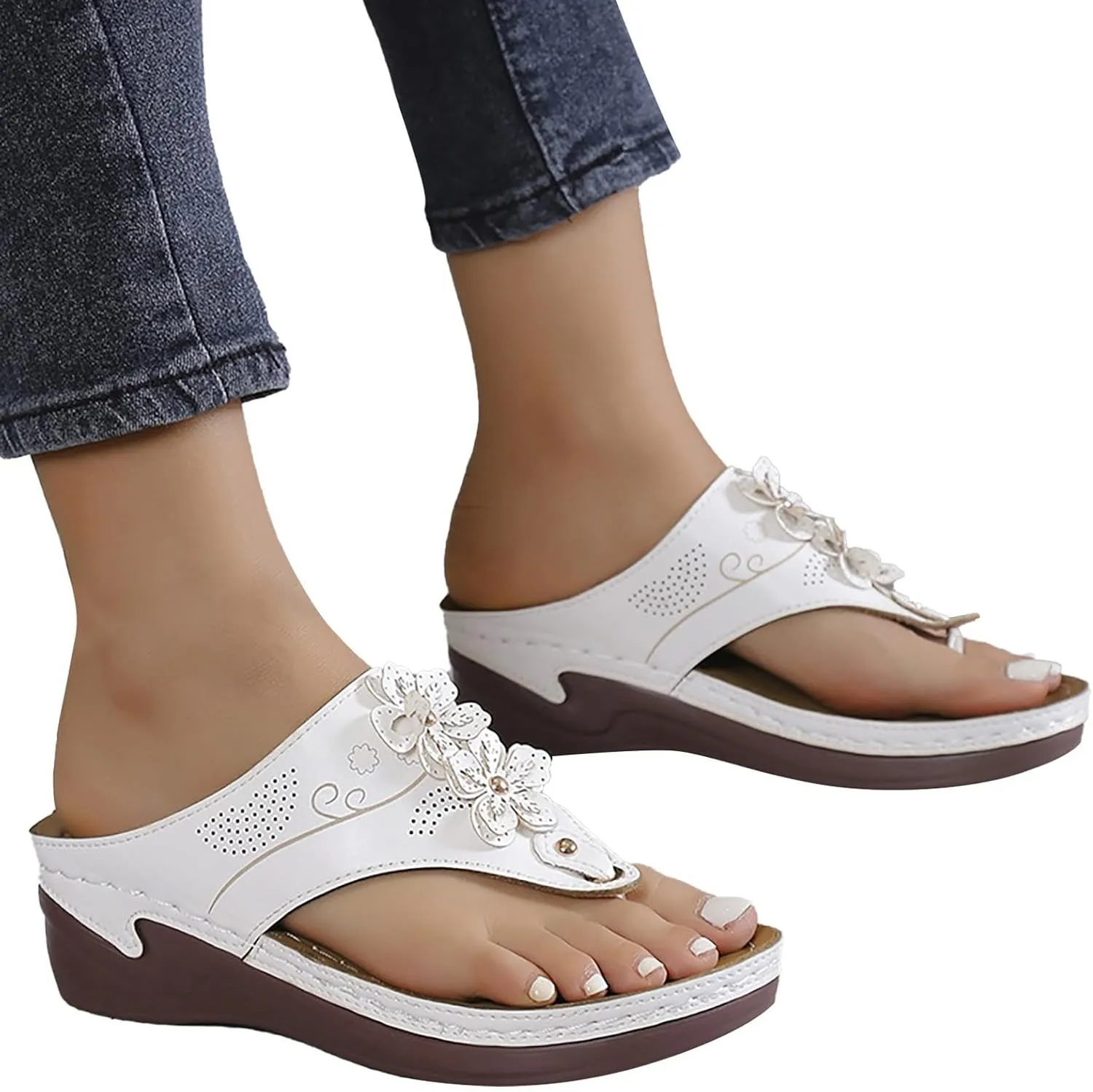 Orthopedic Flat Sandals for Women, Dressy Walking Shoes, Thong Flip Flops Orthotic Wedge Slides Lightweight Comfortable Beach Vacation Footwear Casual Bohemian Sandal for Summer with Arch Support