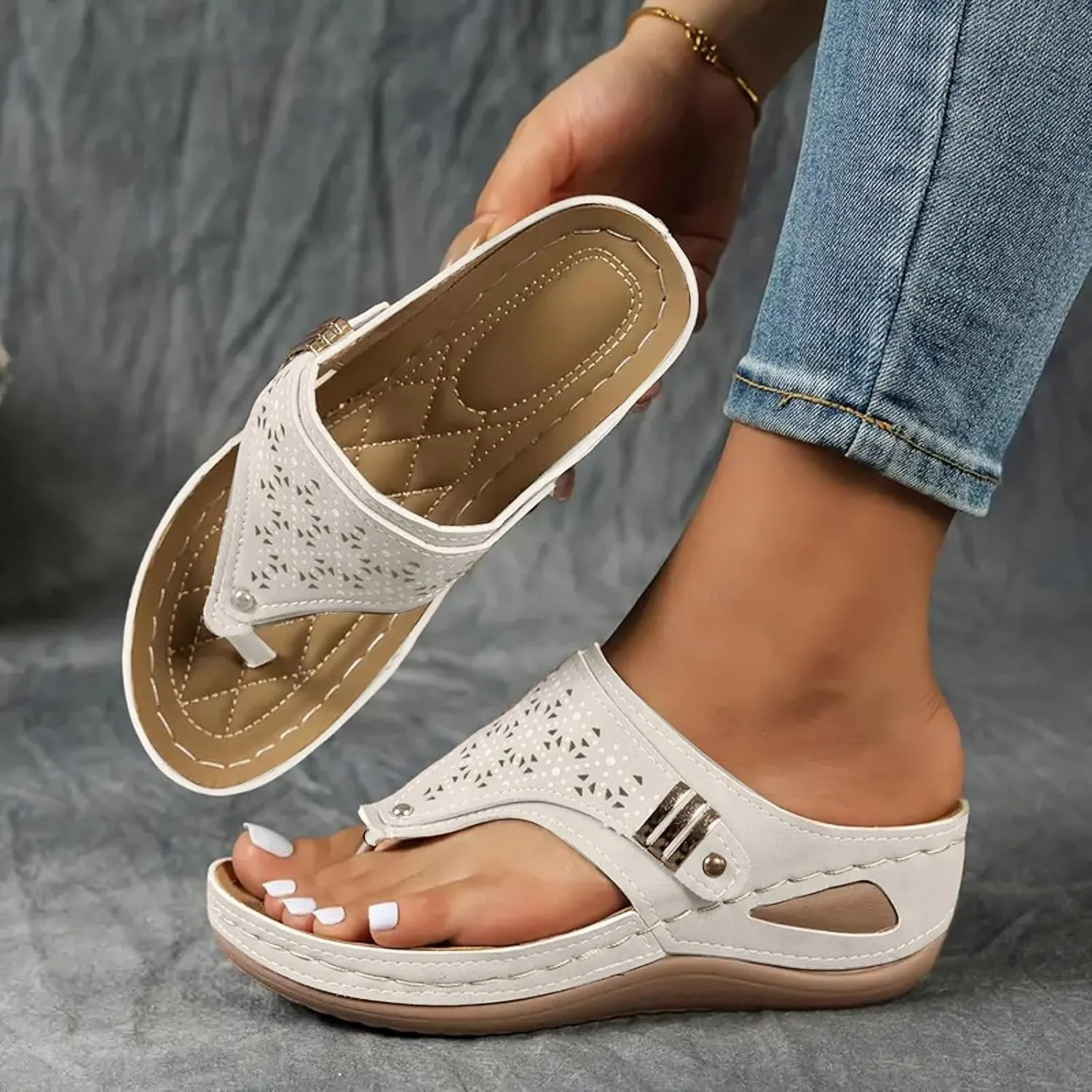Orthopedic Sandals for Women Arch Support Slip On Flip Flops Comfortable Wedge Walking Thong Sandals Indoor Outdoor