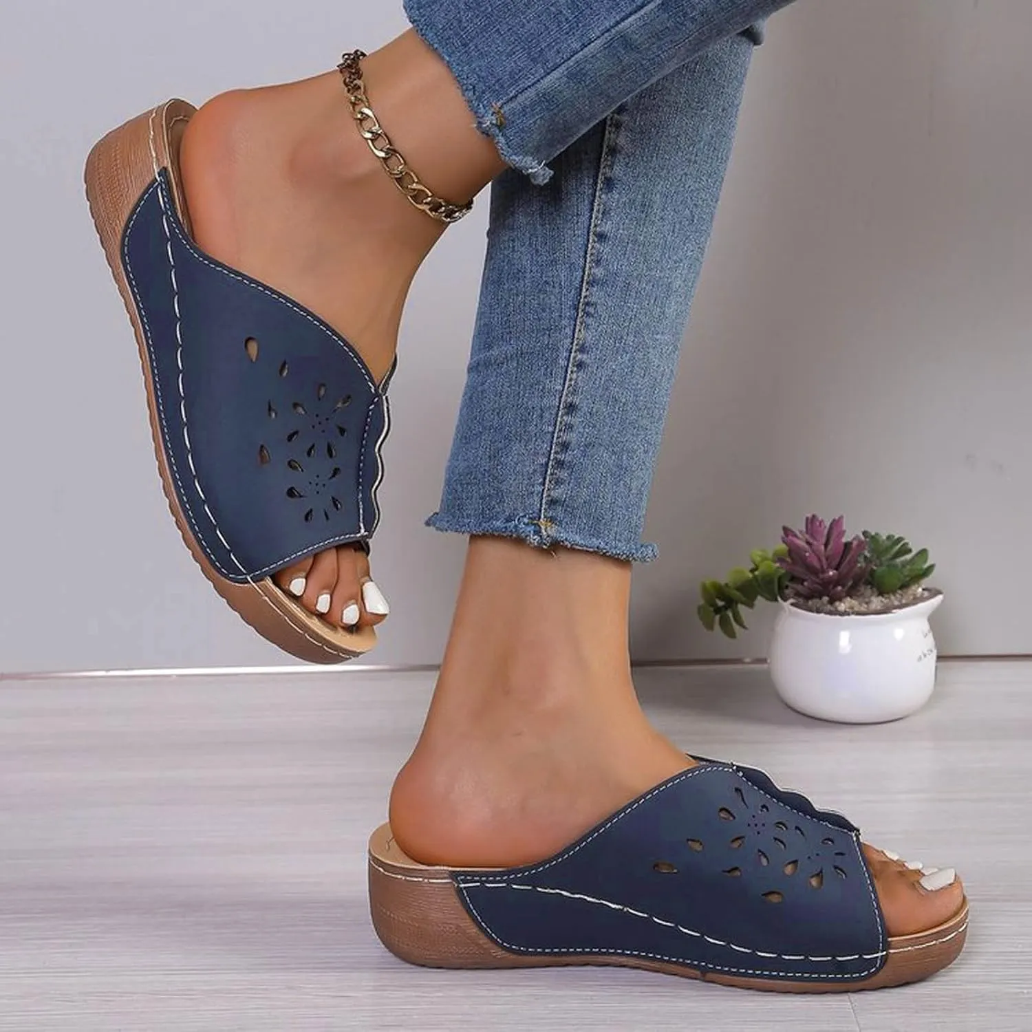 Orthopedic Sandals for Women Summer Hollow Out Wedge Sandals Fish Mouth Leather Platform Wedges, Open Toe Breathable Slippers Comfortable Slip on Walking Slippers