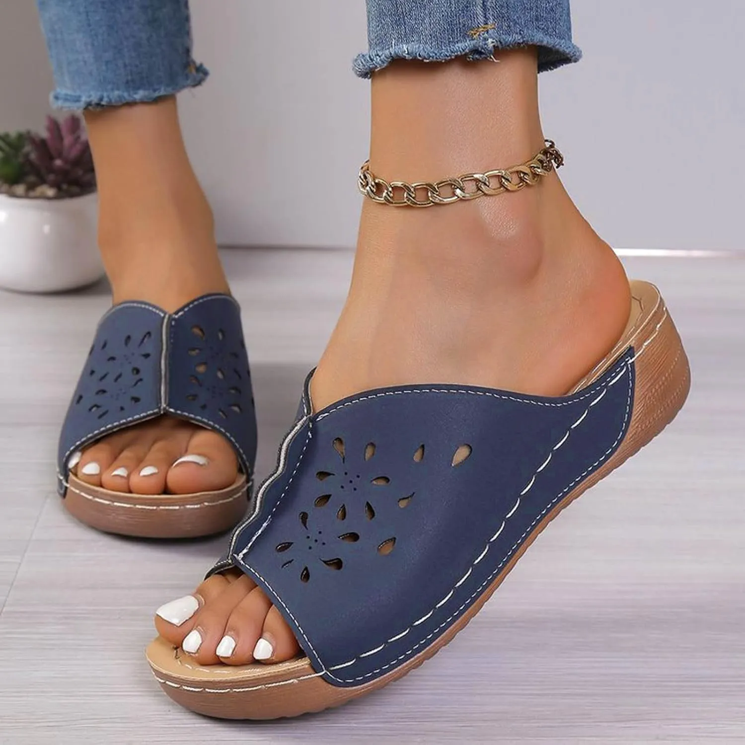 Orthopedic Sandals for Women Summer Hollow Out Wedge Sandals Fish Mouth Leather Platform Wedges, Open Toe Breathable Slippers Comfortable Slip on Walking Slippers