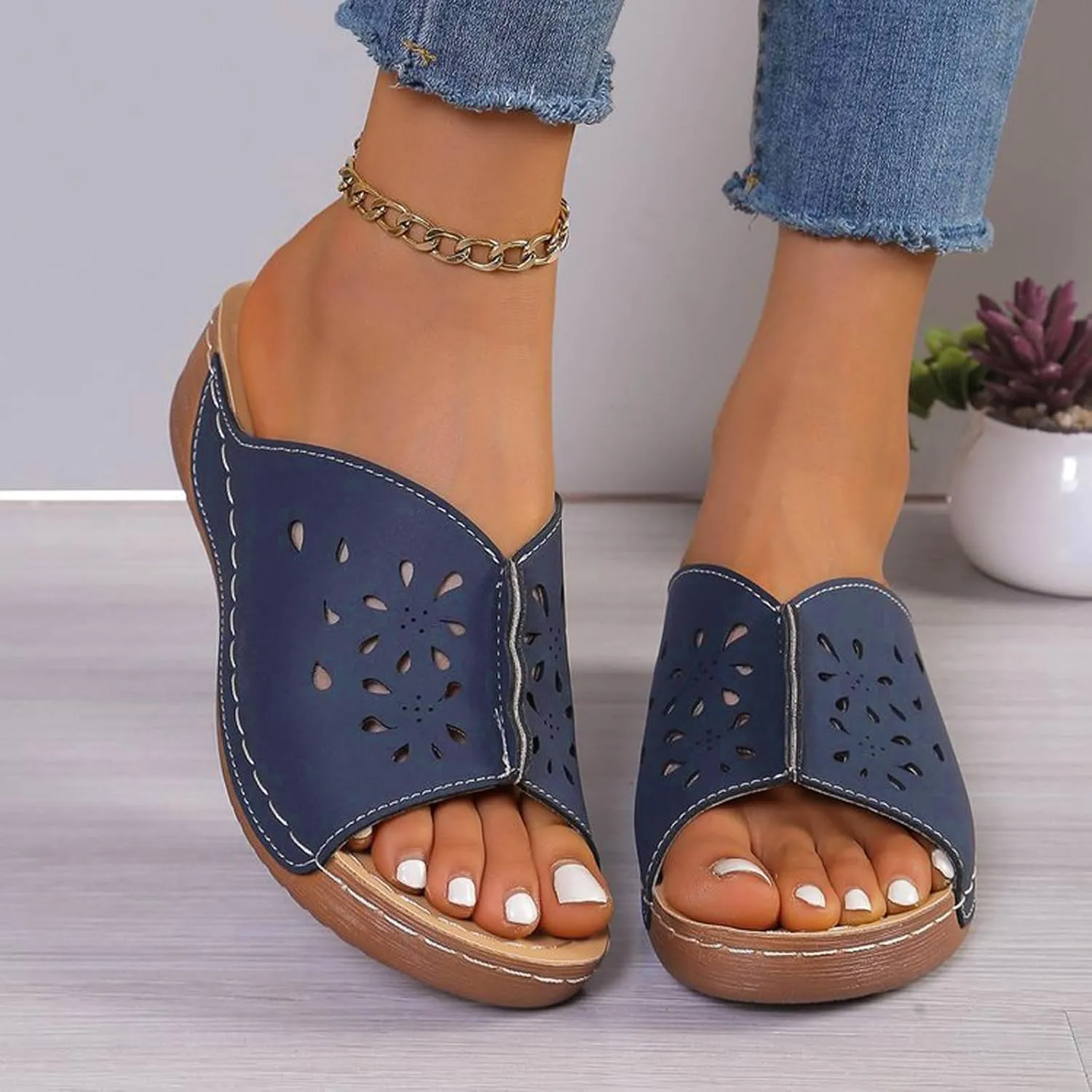 Orthopedic Sandals for Women Summer Hollow Out Wedge Sandals Fish Mouth Leather Platform Wedges, Open Toe Breathable Slippers Comfortable Slip on Walking Slippers
