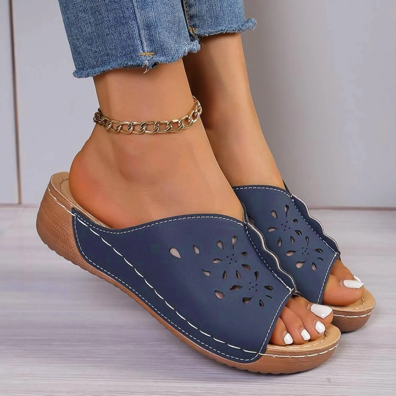 Orthopedic Sandals for Women Summer Hollow Out Wedge Sandals Fish Mouth Leather Platform Wedges, Open Toe Breathable Slippers Comfortable Slip on Walking Slippers