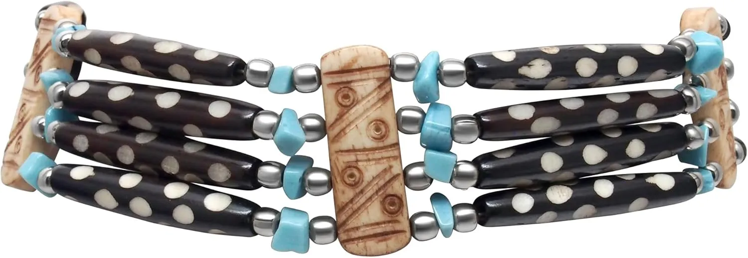 outROAR Gear American Indian Style Bone Choker Necklace, 4 Row Blue Stone Speckled Traditional Hairpipe Beads, Unisex Adjustable