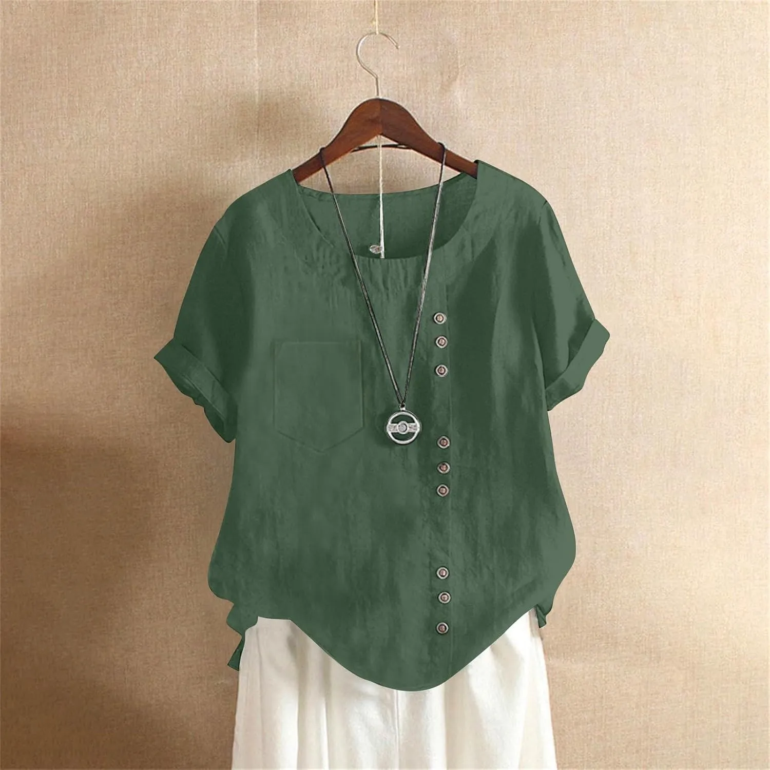 Oversized Crew Neck Linen Tops for Women Short Sleeve Cotton Linen Tee Shirts Workout Buttons Tshirt with Pocket