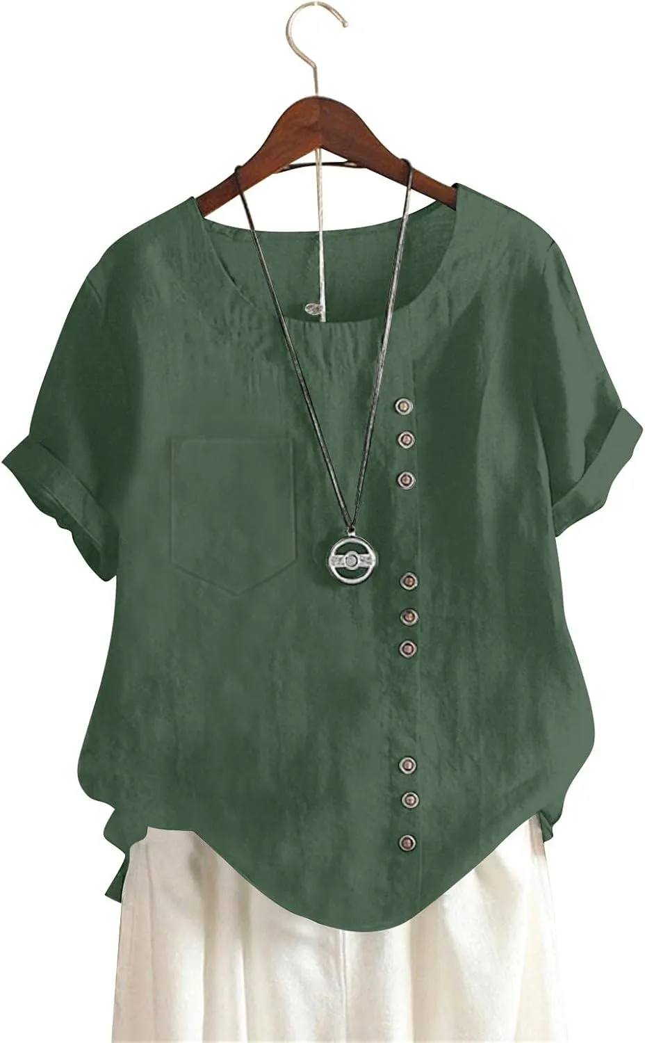 Oversized Crew Neck Linen Tops for Women Short Sleeve Cotton Linen Tee Shirts Workout Buttons Tshirt with Pocket