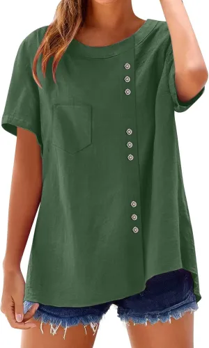 Oversized Crew Neck Linen Tops for Women Short Sleeve Cotton Linen Tee Shirts Workout Buttons Tshirt with Pocket