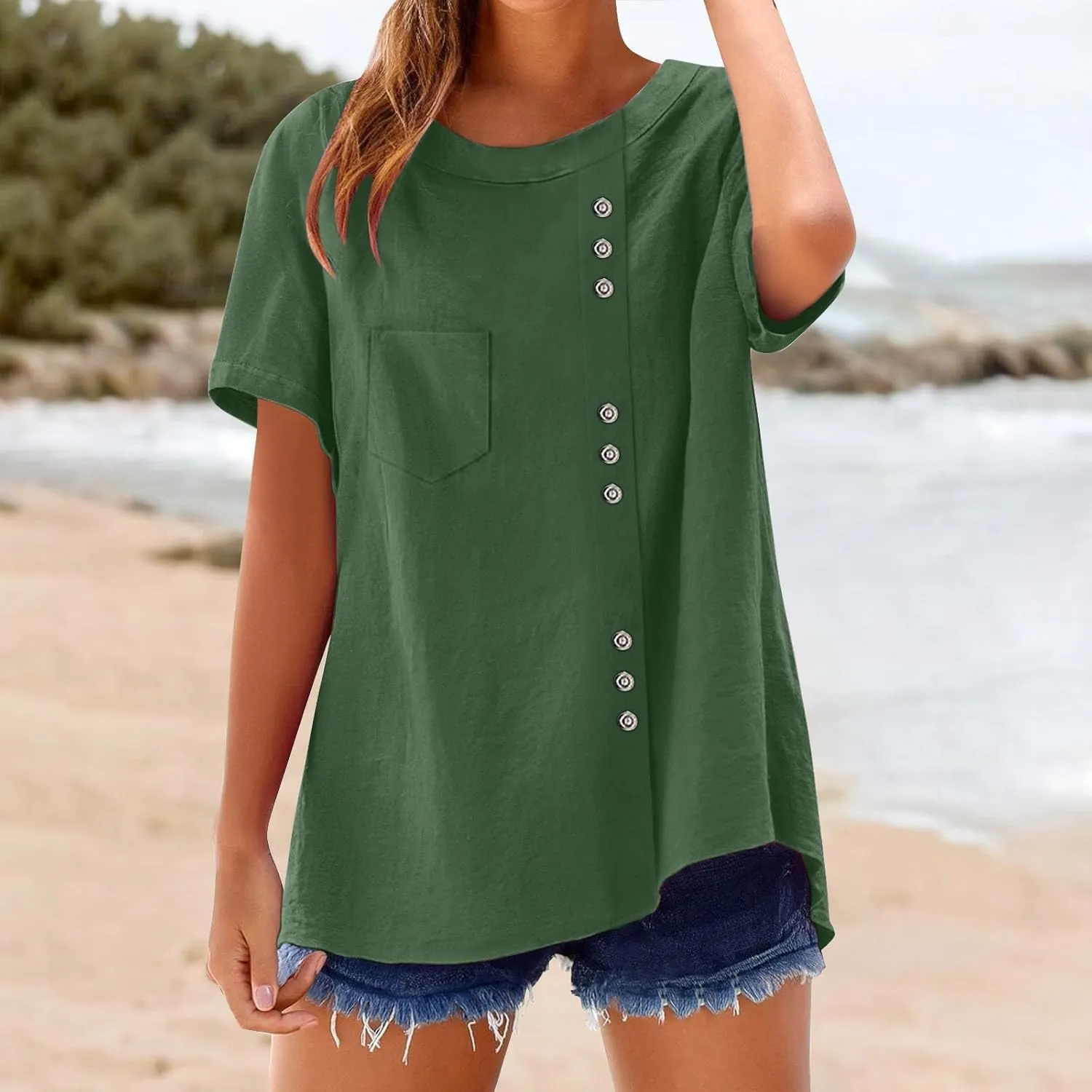Oversized Crew Neck Linen Tops for Women Short Sleeve Cotton Linen Tee Shirts Workout Buttons Tshirt with Pocket
