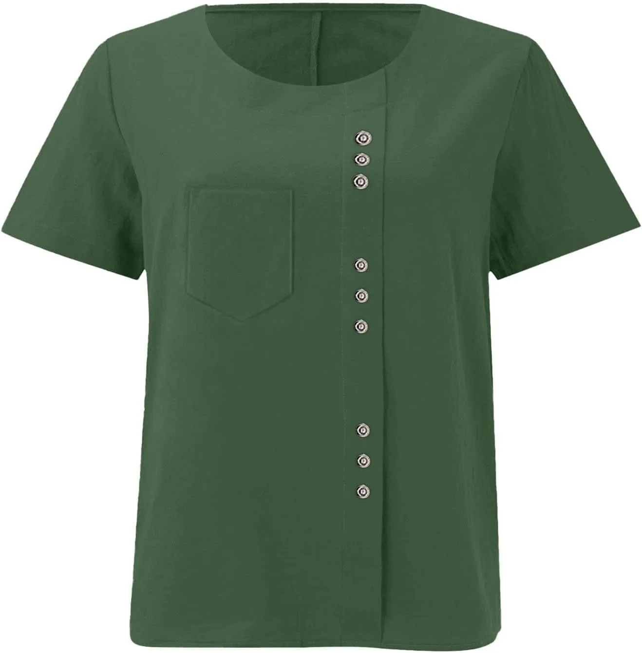 Oversized Crew Neck Linen Tops for Women Short Sleeve Cotton Linen Tee Shirts Workout Buttons Tshirt with Pocket
