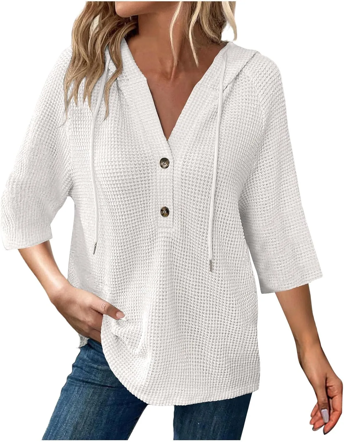 Oversized T Shirts for Women 3/4 Sleeve Waffle Button Down Tops Drawstring Hooded Henley V Neck Tshirts Cute Hoodies