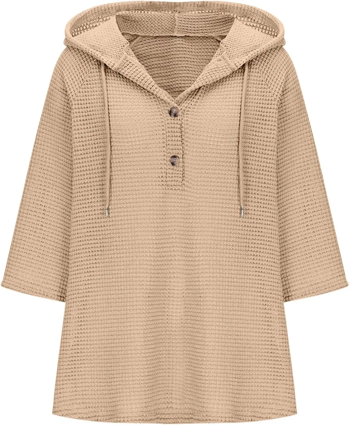 Oversized T Shirts for Women 3/4 Sleeve Waffle Button Down Tops Drawstring Hooded Henley V Neck Tshirts Cute Hoodies