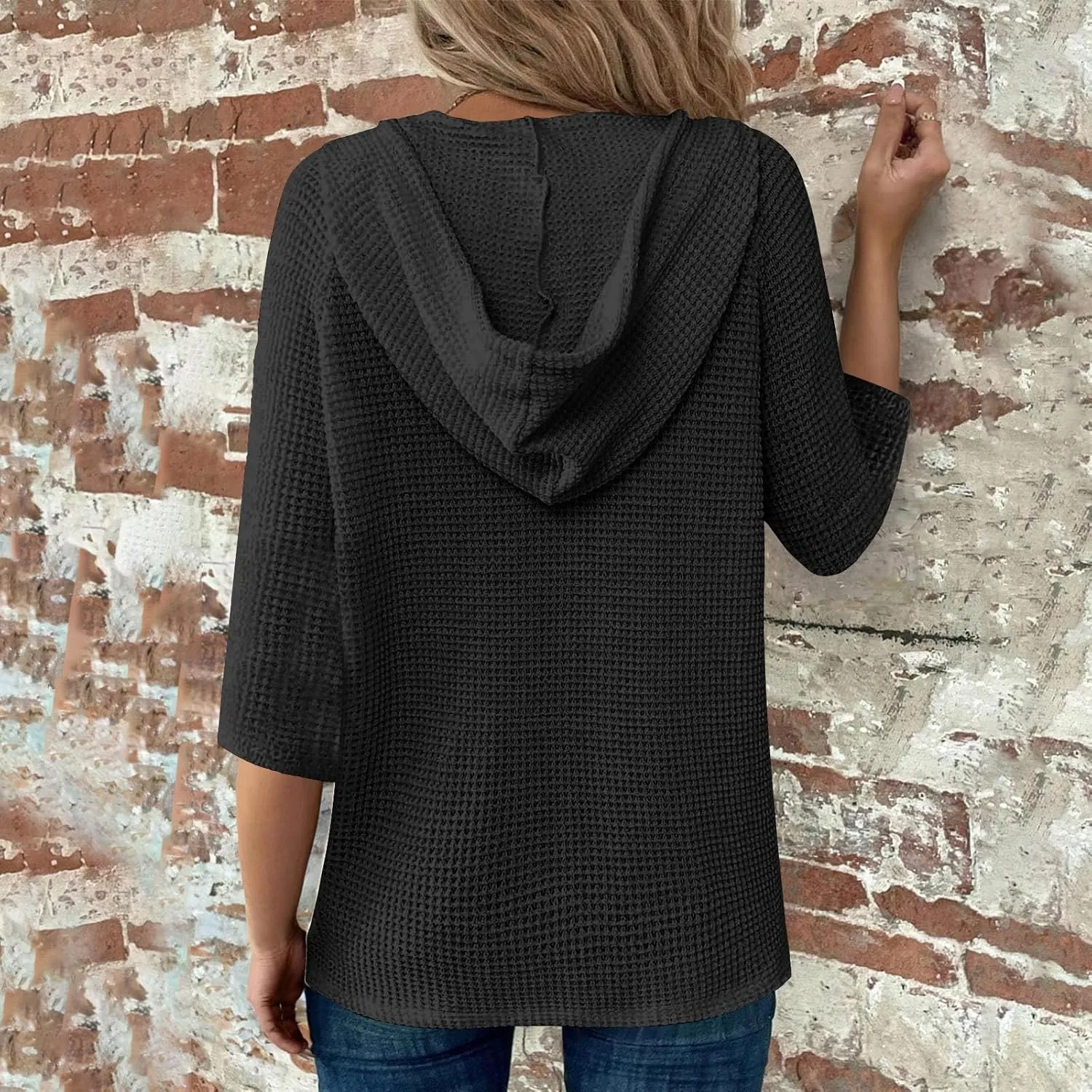 Oversized T Shirts for Women 3/4 Sleeve Waffle Button Down Tops Drawstring Hooded Henley V Neck Tshirts Cute Hoodies