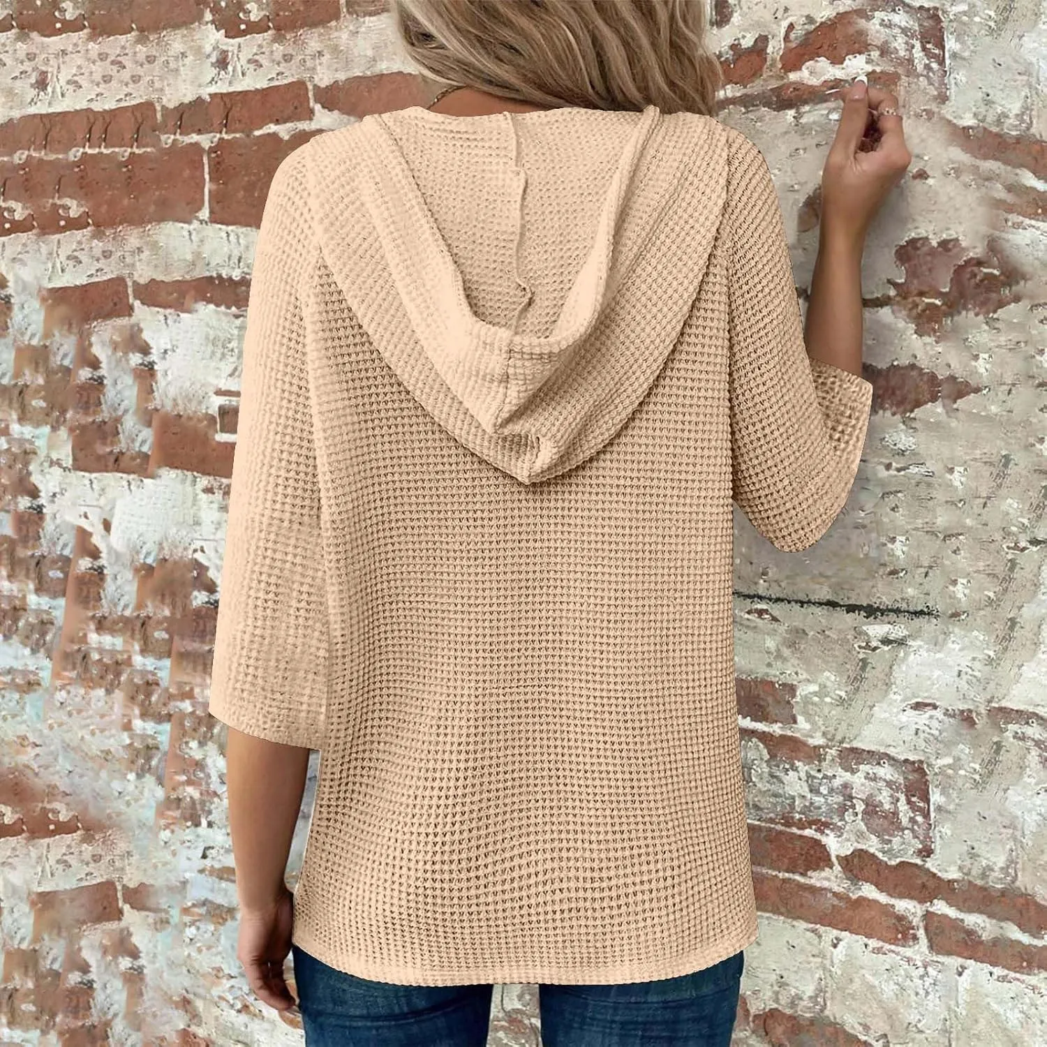Oversized T Shirts for Women 3/4 Sleeve Waffle Button Down Tops Drawstring Hooded Henley V Neck Tshirts Cute Hoodies