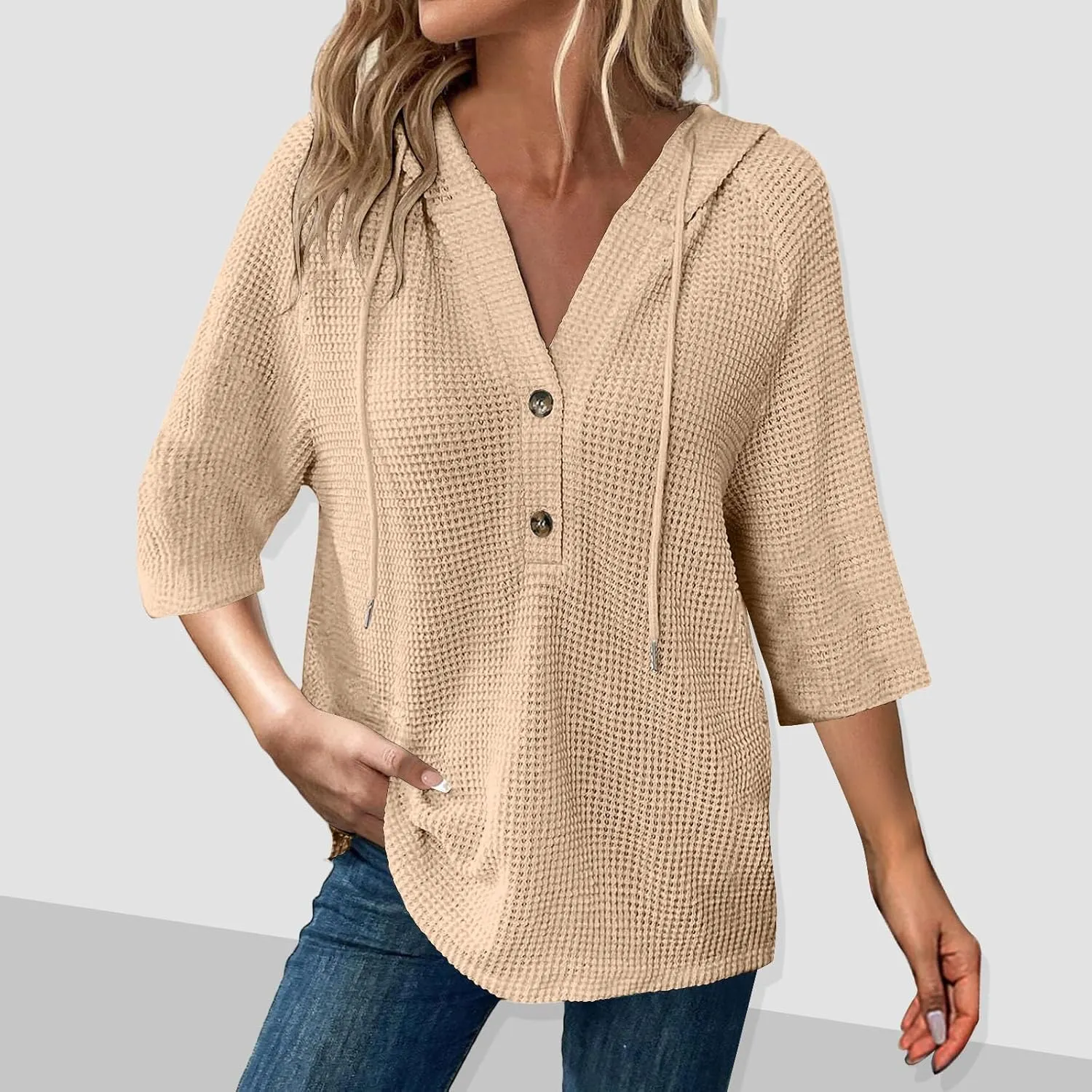 Oversized T Shirts for Women 3/4 Sleeve Waffle Button Down Tops Drawstring Hooded Henley V Neck Tshirts Cute Hoodies