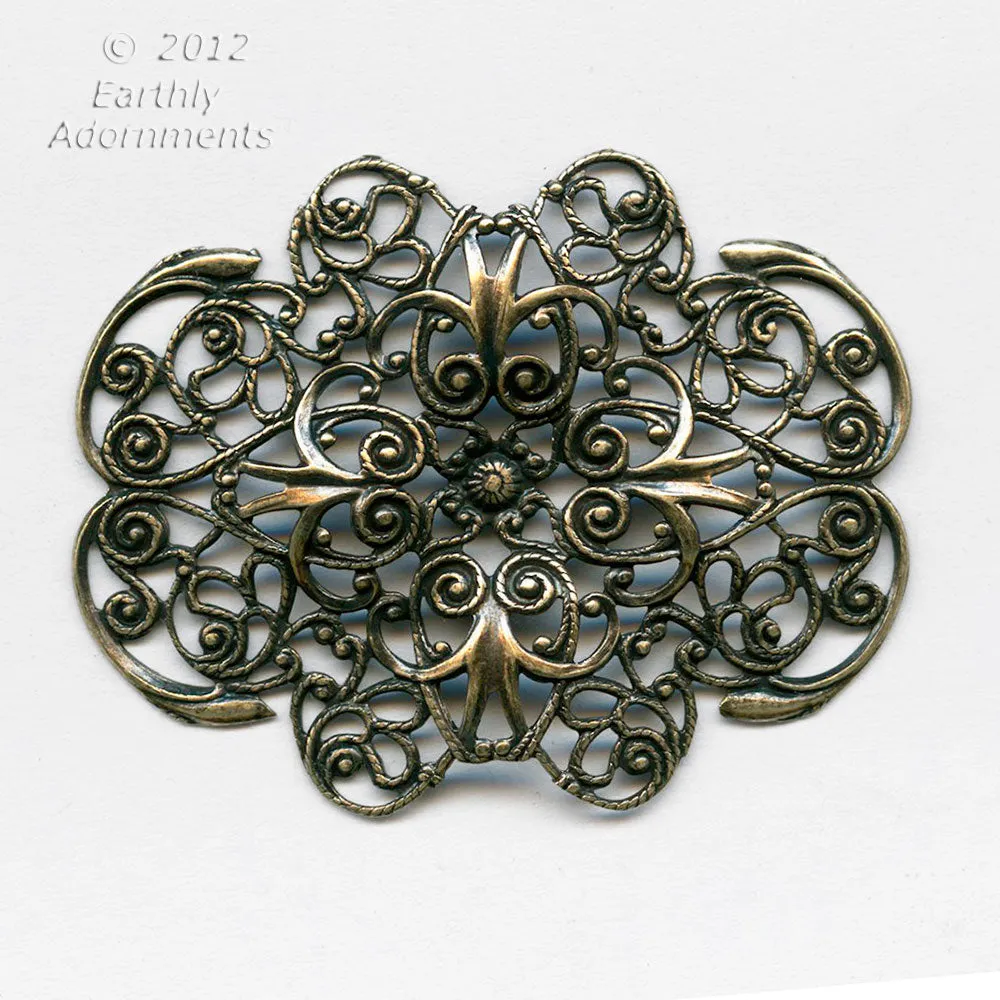Oxidized brass stamped filigree pendant or wrap. 46 x 37mm. Sold individually. B9-2268
