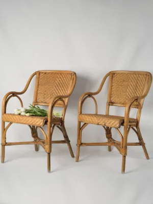 Pair of European Rattan and Woven Leather Dining Armchairs, 1960s 33¾"