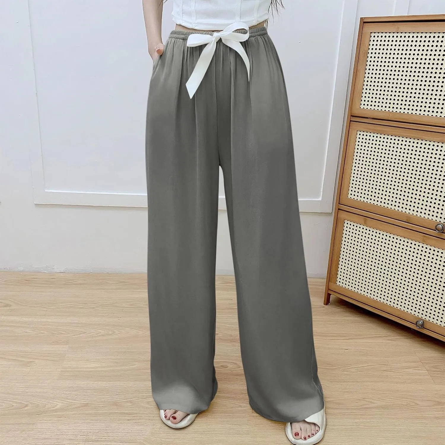 Palazzo Pants for Women Casual Cotton Linen Wide Leg Pants Elastic Waist Trousers with Pockets Summer Beach Loungewear