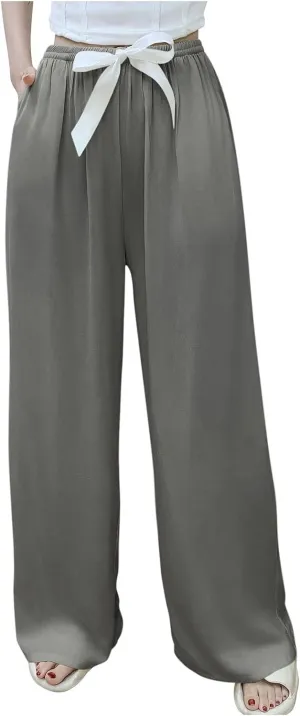 Palazzo Pants for Women Casual Cotton Linen Wide Leg Pants Elastic Waist Trousers with Pockets Summer Beach Loungewear